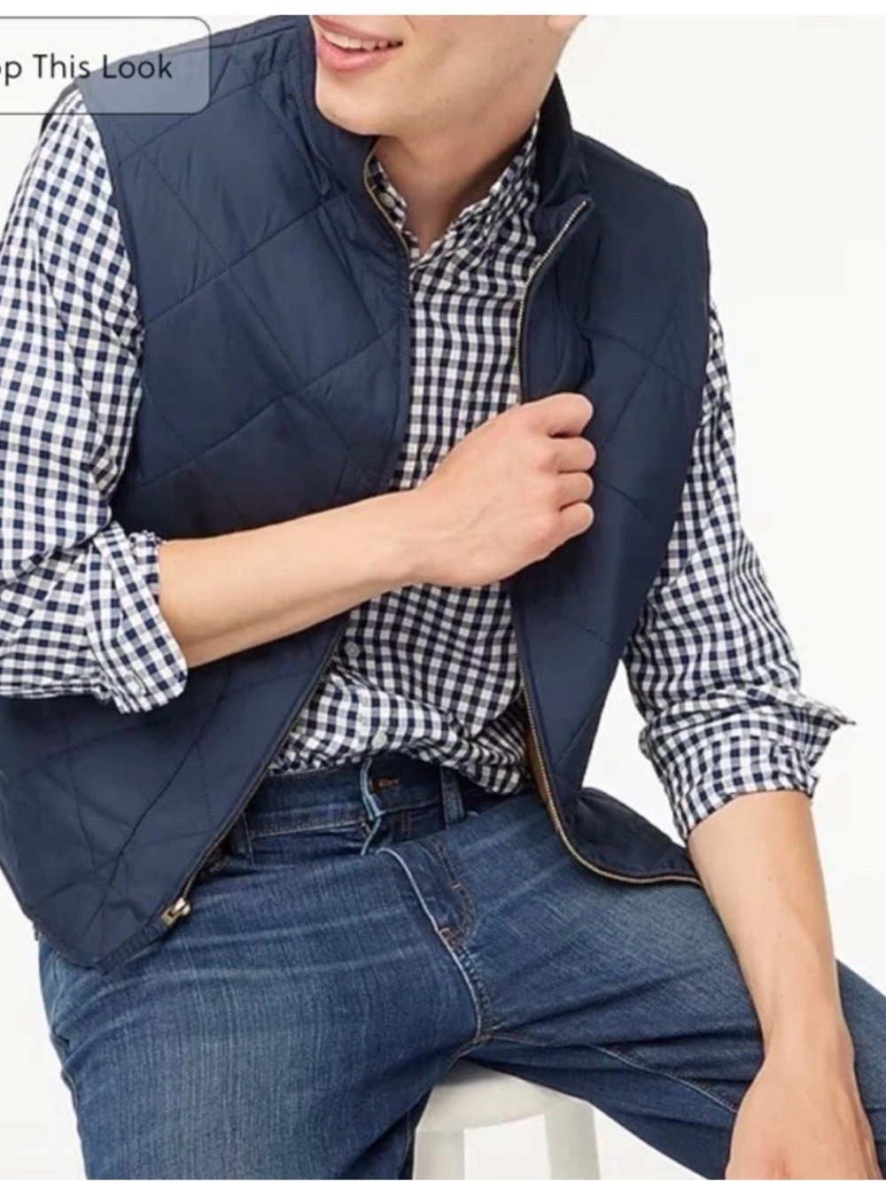 J. Crew Men’s Preppy Classic Quilted Puffer Navy Zip-Front Vest with Tan Lining